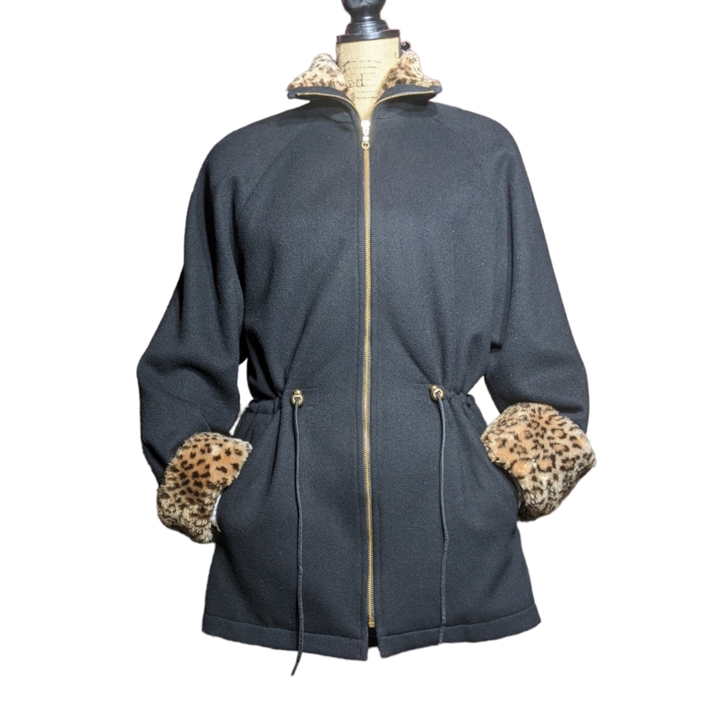 Vntg Oversize Sz 6 Wool Coat Full Zip Faux Fur Collar Pockets Tie Waist Gorpcore
